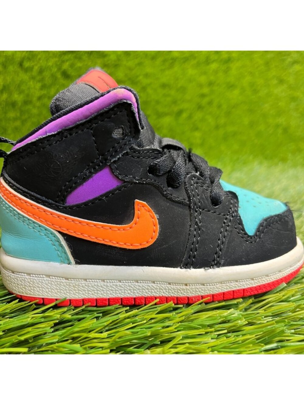 Nike Air Jordan 1 Mid Toddler Size 4C Black Blue Athletic Leather Shoes Sneakers